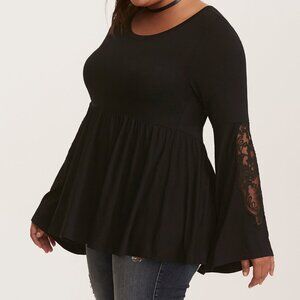 TORRID GOTH WICCA VAMP SUPER SOFT BLACK LACE BELL SLEEVE BABYDOLL TEE 2 2X 18 20
